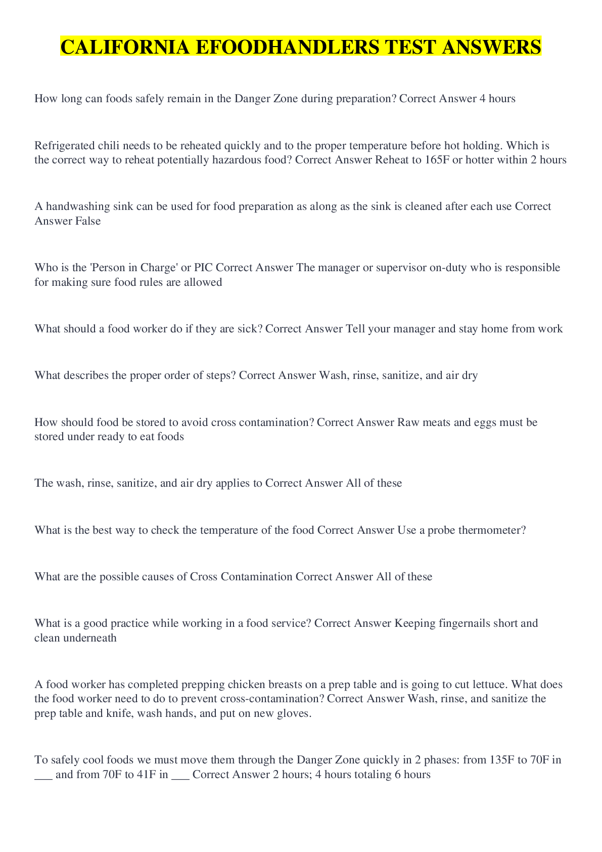 Preview image for CALIFORNIA EFOODHANDLERS TEST ANSWERS